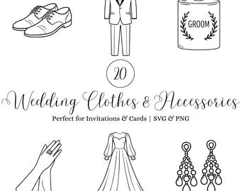 Pacchetto SVG di abiti e accessori minimalisti, abito da sposa dalla linea semplice, abiti, anelli, inviti nuziali, decorazioni e adesivi.
