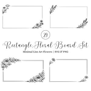 Peut inclure: Ensemble de quatre planches florales rectangulaires en noir et blanc. Chaque rectangle est orné de compositions florales délicates dans les coins. Le texte "Rectangle Floral Board Set" est affiché en écriture élégante, avec "Minimal Line Art Flowers | SVG & PNG" en dessous.