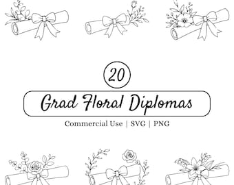 Pacchetto di file SVG per diplomi di laurea, diplomi floreali, clipart per certificati di laurea, immagini PNG minimaliste, file di taglio per Cricut, design per regali di laurea