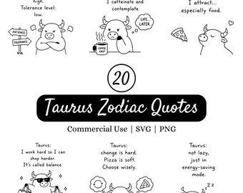 Illustrazione di una citazione del segno zodiacale del Toro, 20 frasi divertenti e minimaliste sul Toro in formato PNG e SVG per Cricut, tazze, regali astrologici, magliette e adesivi.
