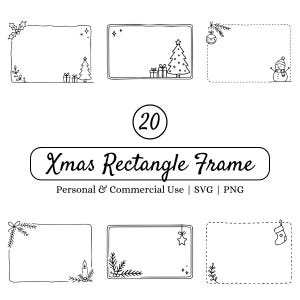 May include: A collection of twenty black and white line art rectangular frames featuring Christmas motifs including pine trees, gift boxes, a snowman, ornaments, candles, and stockings. The text 20 Xmas Rectangle Frame is centered.