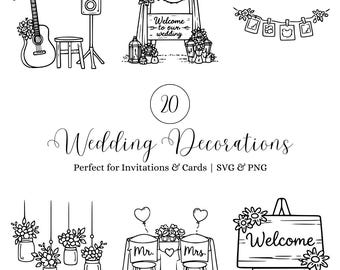 Pacchetto SVG di decorazioni per matrimoni minimalisti, clipart per matrimoni in formato PNG, icone di decorazioni in stile lineare, grafica per inviti e segnaletica, file di taglio Cricut