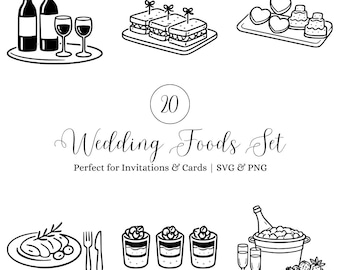 Pacchetto SVG di cibo per matrimoni, clipart di linee semplici e minimaliste, icone di catering PNG, grafica di menu, decorazioni per inviti, file Cricut, 20 design