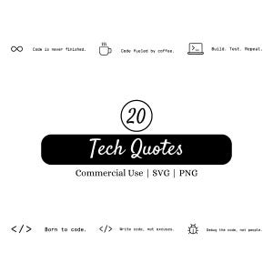 May include: A black and white graphic with tech-related quotes. The image includes the text "Tech Quotes" and phrases like "Code is never finished" and "Code fueled by coffee." The image also includes the text "Commercial Use | SVG | PNG."
