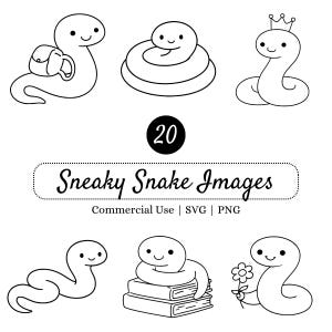 Illustrazioni di serpenti adorabili, clipart a linee semplici, animali kawaii, file di taglio per Cricut, rettile carino SVG PNG, maglietta, adesivo, cameretta, design