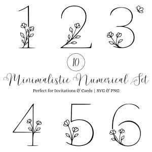 Puede incluir: Un conjunto numérico minimalista en blanco y negro, con los números del 1 al 6, cada uno adornado con detalles florales. La imagen incluye el texto "Minimalistic Numerical Set" y "Perfect for Invitations & Cards | SVG & PNG". También hay un pequeño círculo con el número 10.