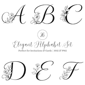 Op de afbeelding: Zwart-wit elegante alfabetset met de letters A t/m F, elk versierd met bloemmotieven. De afbeelding bevat de tekst "Elegant Alphabet Set" en "Perfect for Invitations & Cards | SVG & PNG".