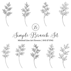 Może przedstawiać: Kolekcja ośmiu minimalistycznych ilustracji gałęzi w czerni i bieli. Obraz zawiera tekst "Simple Branch Set" i "Minimal Line Art Flowers | SVG & PNG". Każda gałąź ma unikalny wzór liści.