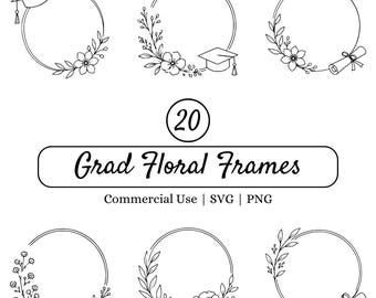 Cornice floreale per la laurea, Pacchetto SVG di cornici con monogramma per laureati, Ghirlanda con cappello di laurea PNG, Clipart per diploma, File di taglio per Cricut, Design per inviti