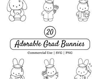 Pacchetto di 20 adorabili coniglietti laureati in formato SVG, coniglietto laureato PNG, clipart di coniglio minimalista, disegni per laureati per Cricut, Silhouette, adesivi,
