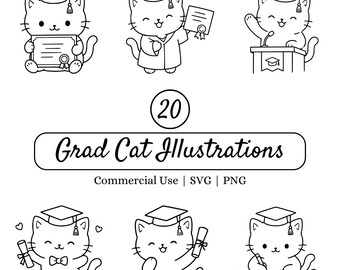 Pacchetto SVG di gatti laureati, 20 simpatici disegni PNG di gatti laureati, clipart per lauree, file di taglio per Cricut, idee regalo per studenti dell'ultimo anno, design per magliette di laureati
