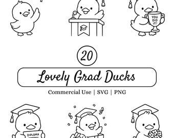 Graduation Duck SVG Bundle, Cute Graduate Ducks PNG, Grad Clipart, Cricut Cut Files, Kawaii Line Art, Senior Shirt Design, Commercial Use