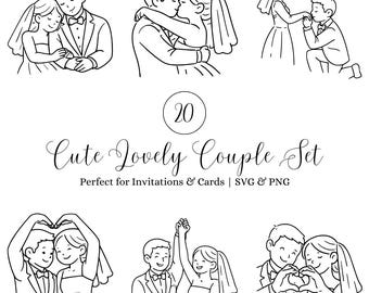 Pacchetto SVG di una coppia di sposi carini, illustrazioni minimaliste di sposi e sposi, illustrazioni romantiche d'amore per inviti, biglietti, design Cricut