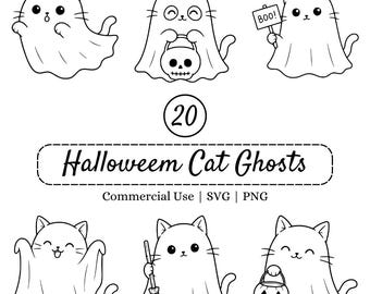 ハロウィン猫ゴーストSVGバンドル、かわいいゴースト子猫PNG、カワイイクリップアート、Cricutカットファイル、シルエットデザイン、不気味な猫シャツデザイン