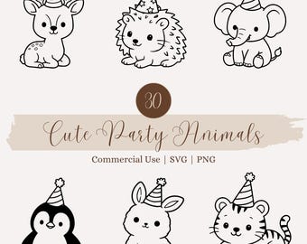 Minimalist Cute Party Animal SVG Bundle, Baby Animals, Cricut Cut Files, Kawaii Zoo Illustrations, Nursery Decor, Kids Crafts, T-Shirts