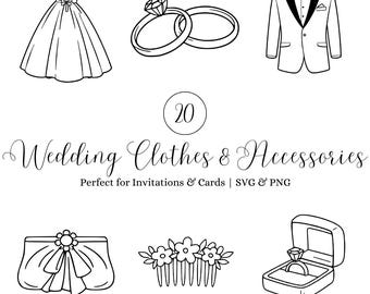 Pacchetto SVG di abiti e accessori da sposa, 20 abiti da sposa dalle linee semplici e minimaliste, completi, anelli, design di inviti nuziali