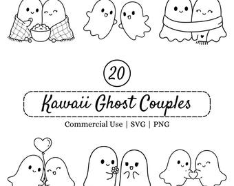 Kawaii Ghost Couple SVG Bundle, Cute Ghosts PNG, Halloween Love Clipart, Minimalist Cut Files for Cricut, Stickers, Shirts, Mugs & Cards