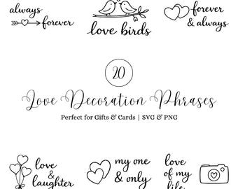 Set di citazioni romantiche minimaliste, pacchetto SVG PNG decorativo, design per matrimoni e San Valentino, file di taglio Silhouette Cricut, download digitale