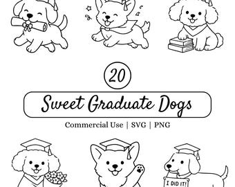 Pacchetto SVG di cani laureati, cucciolo di laurea carino in formato PNG, clipart per lauree, file di taglio per Cricut, design per la classe senior, maglietta, adesivo e regalo.