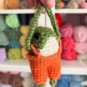 May include: A handmade crochet frog wearing orange overalls, suspended by a green strap. The frog has a green head, a white belly, and black eyes. The background shows shelves with colorful yarn.