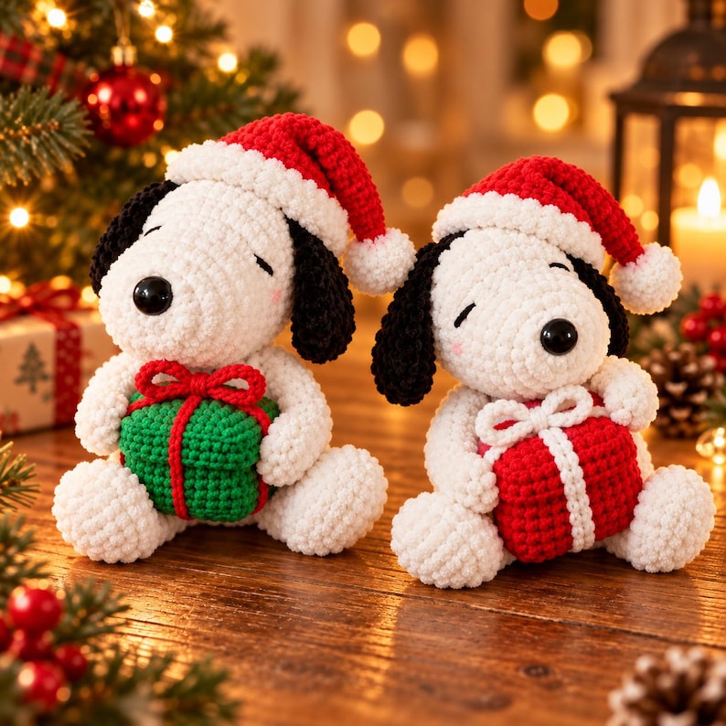 May include: Two white crocheted beagle figures with black ears, each wearing a red and white Santa hat. One figure holds a green gift with a red ribbon, while the other holds a red gift with a white ribbon. Both have black eyes and noses.
