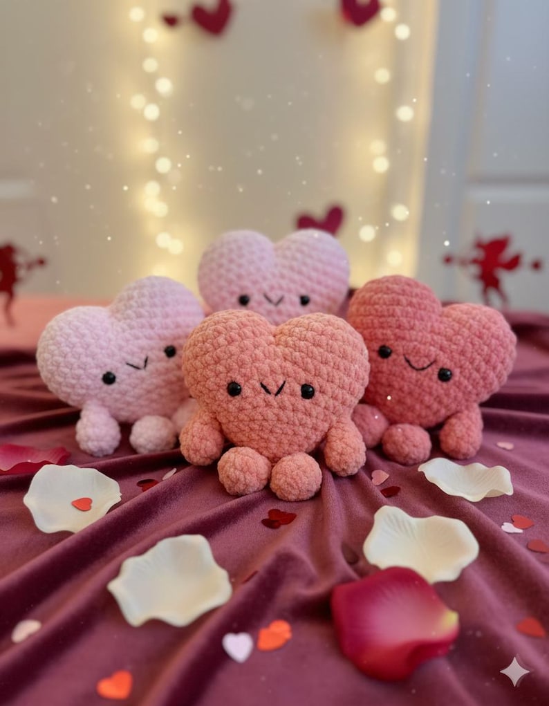 May include: Four crocheted heart-shaped plush toys in varying shades of pink and coral, each with a smiling face and small legs. The hearts are arranged on a deep red velvet surface scattered with rose petals and heart-shaped confetti.