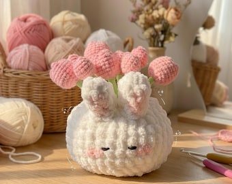 Handmade Crochet Bunny Plush – Chenille Flower Bouquet, Kawaii Decor