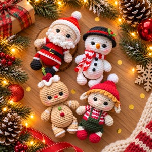 May include: Four crocheted Christmas dolls including a Santa Claus in a red suit, a snowman with a black hat and red scarf, a gingerbread person with a red cherry on top, and an elf in a red hat and green overalls with a striped shirt.