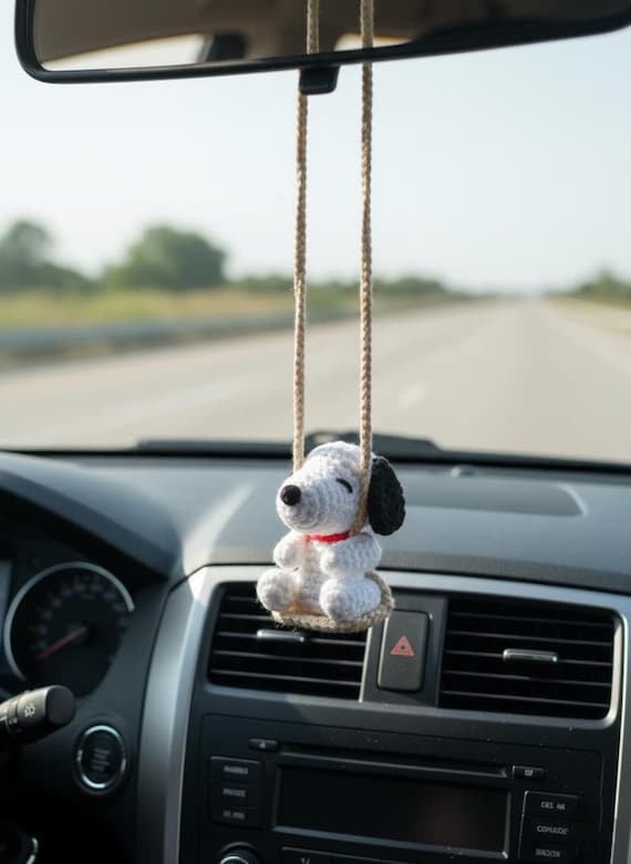 Crochet Beagle Car Mirror Hanging, Handmade Amigurumi Dog Rearview Charm, Cute Car Decor Accessory, Gift for Driver