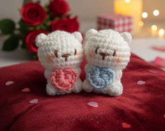 Handmade Valentine Bear Plushies, Couple Crochet Bears with Hearts, Anniversary Gift for Boyfriend Girlfriend, Cute Amigurumi Animal Decor