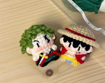 Crochet Anime Inspired Pirate Phone Charm, Cute Amigurumi Doll Keychain, Kawaii Manga Chibi Plushie, Swordsman Pocket Toy, Geeky Fan Gift,