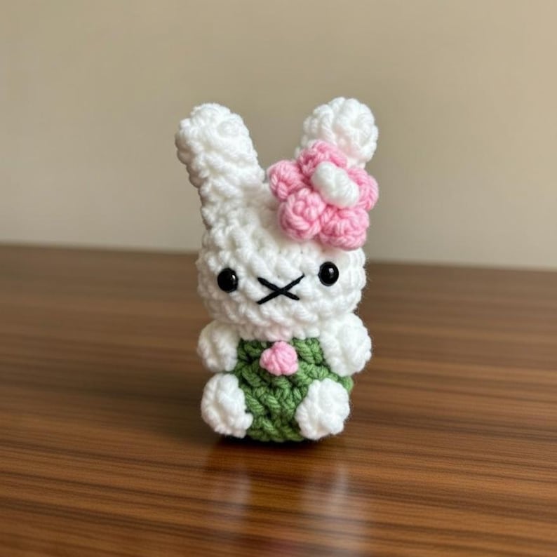 May include: A handmade crochet bunny figurine. The white bunny has black eyes and a stitched 'X' mouth. It wears a green outfit and a pink flower on its head. The bunny is sitting on a wooden surface.