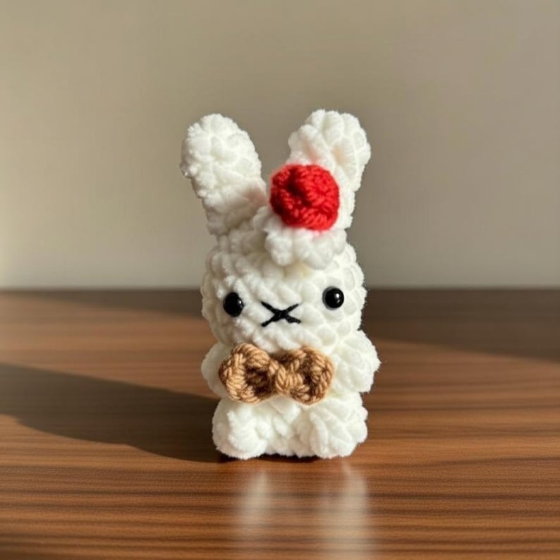 May include: A handmade white crochet bunny with a red pom-pom on its head and a brown bow tie. The bunny has black eyes and a black stitched mouth. The plush toy is standing on a wooden surface.