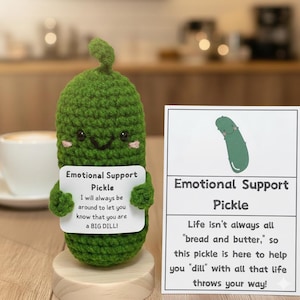 May include: A green crocheted pickle with a smiling face and pink cheeks, holding a sign that reads "Emotional Support Pickle." A second sign next to it has a pickle illustration and text about life's challenges.
