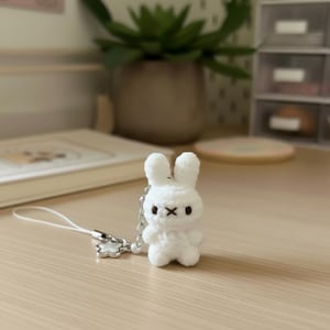 May include: A white, crocheted bunny keychain with black eyes and a stitched 'X' for a mouth. The bunny is attached to a silver-colored chain and a white lanyard with a flower-shaped clasp. The keychain is on a light-colored wooden surface.