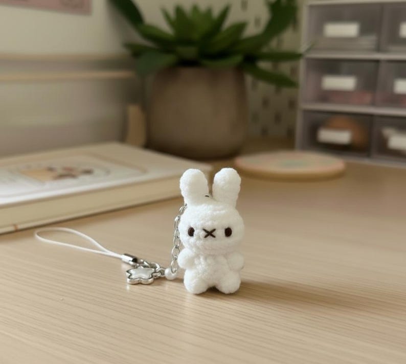 May include: A white, crocheted bunny keychain with black eyes and a stitched 'X' for a mouth. The bunny is attached to a silver-colored chain and a white lanyard with a flower-shaped clasp. The keychain is on a light-colored wooden surface.