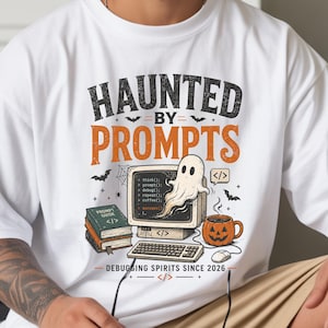 May include: A white t-shirt featuring a graphic with the text HAUNTED BY PROMPTS and DEBUGGING SPIRITS SINCE 2026. The design includes a computer monitor with a ghost, a keyboard, a mouse, two stacked books, a pumpkin mug, and bats.