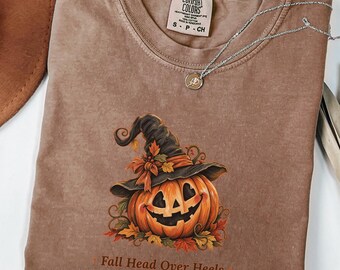 Fall Head Over Heels Shirt, Witch Pumpkin Halloween Tee, Vintage Jack O Lantern Shirt, Cute Spooky Fall Comfort Colors Tee