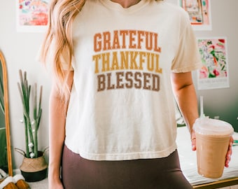Grateful Thankful Blessed Shirt, Vintage Thanksgiving Boxy Tee, Fall Gratitude Shirt, Comfort Colors Women's Crop Tee