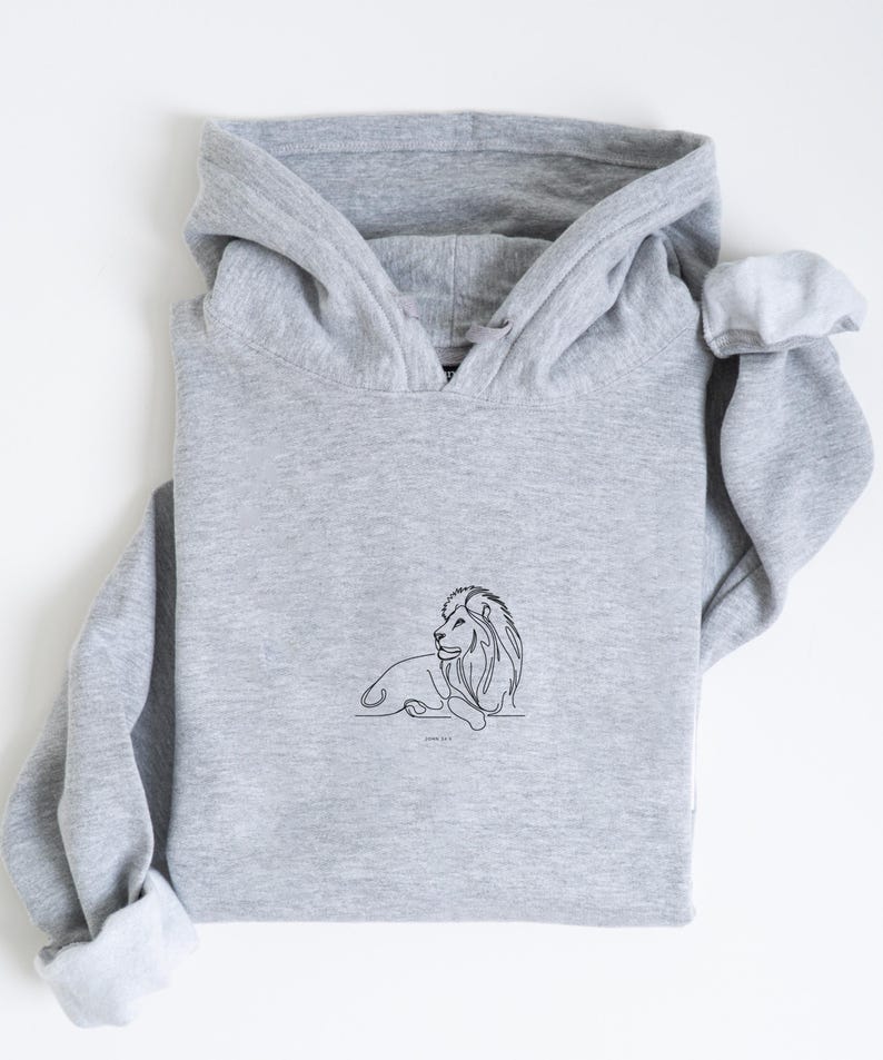 May include: A heather gray hoodie with a black line drawing of a lion. The lion is lying down with its head turned to the right. The text "John 10:10" is below the lion.