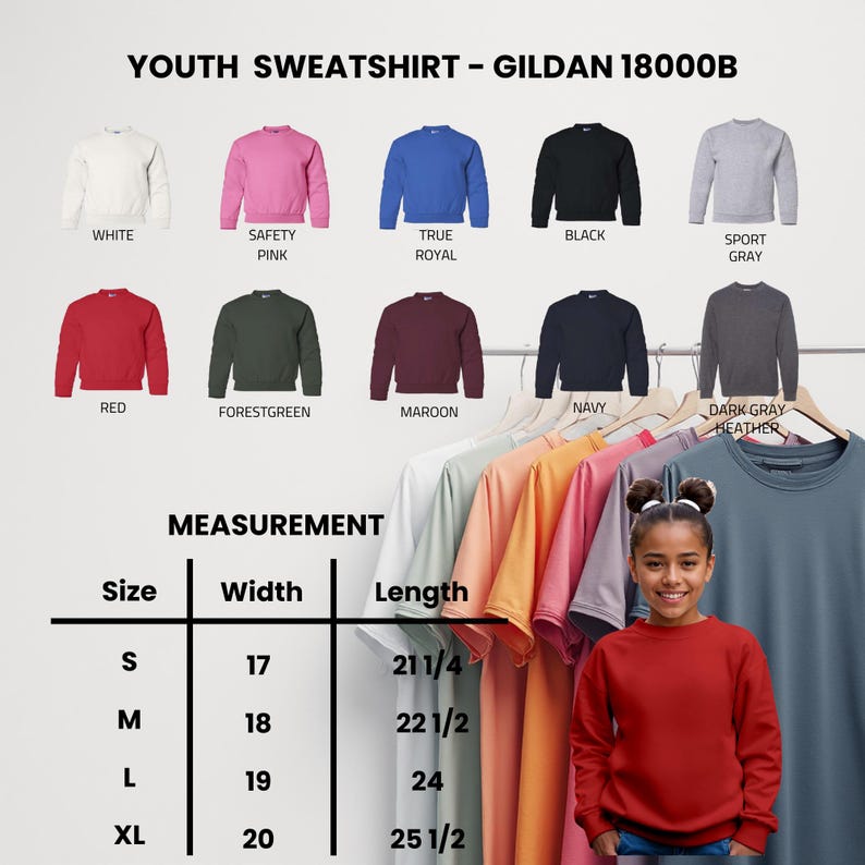 May include: Youth sweatshirt in various colors, including white, pink, blue, black, and gray. The image displays a size chart with measurements in inches. The text on the image reads "YOUTH SWEATSHIRT - GILDAN 18000B".