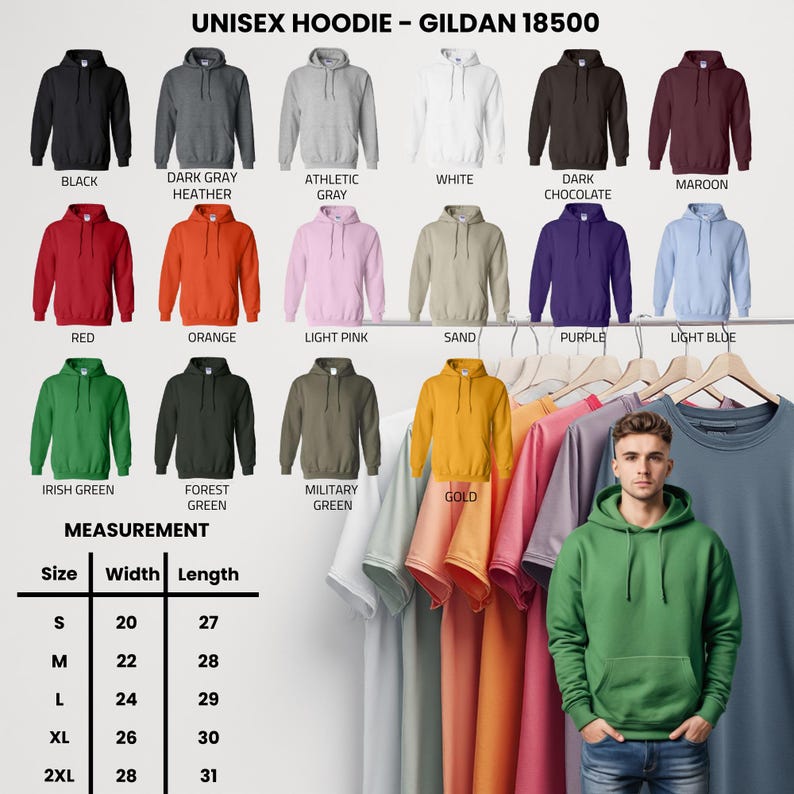 May include: A variety of Gildan 18500 unisex hoodies in various colors, including black, gray, red, orange, and green. The image also includes a measurement chart for sizes S to 2XL, with widths ranging from 20 to 28 inches and lengths from 27 to 31 inches.