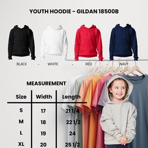 May include: Youth hoodies in black, white, red, and navy blue are displayed. A measurement chart shows sizes S to XL, with widths from 17 to 20 inches and lengths from 21 1/4 to 25 1/2 inches. The text "YOUTH HOODIE - GILDAN 18500B" is at the top.