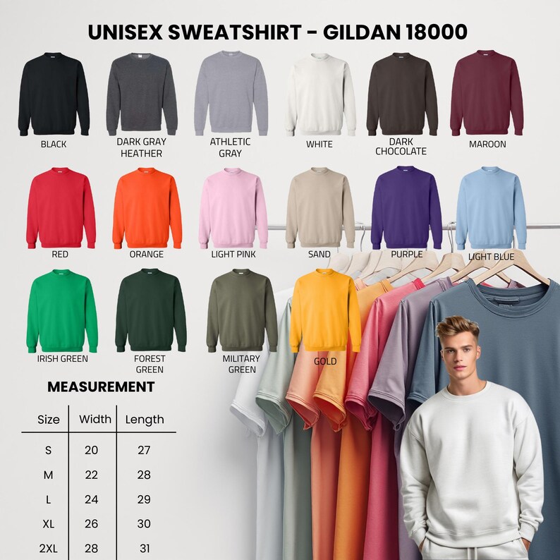 May include: A display of Gildan 18000 unisex sweatshirts in various colors, including black, gray, white, red, orange, and green. The image also shows a size chart with measurements in inches for width and length.