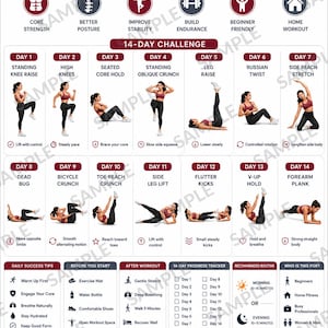 May include: A 14-day core strength and stability challenge infographic featuring daily exercise instructions, illustrations of various movements, a progress tracker, and tips for home workouts, all organized in a structured grid layout.