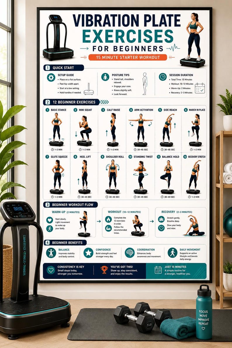 Vibration Plate Workout Bundle, 8 Printable Exercise Posters, Whole Body Fitness Wall Art, Beginner to Advanced Guide, A4 US Letter Download