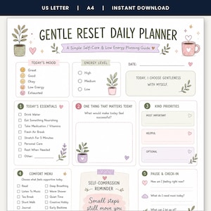 Gentle Reset Daily Planner Printable, Low Energy Self Care Planner, ADHD Burnout Bare Minimum Day Planner, Mental Health Download