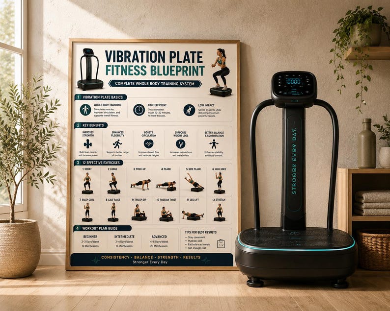 Vibration Plate Workout Bundle, 8 Printable Exercise Posters, Whole Body Fitness Wall Art, Beginner to Advanced Guide, A4 US Letter Download