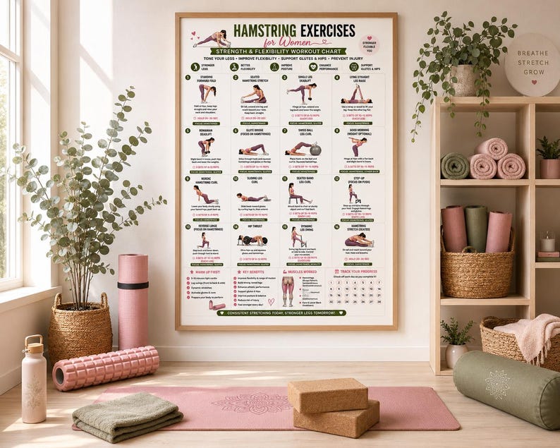 Hamstring Stretch PDF, Hamstring Exercises, Leg Stretching Workout, Lower Body Exercises, Flexibility Poster, Home Fitness Wall Art
