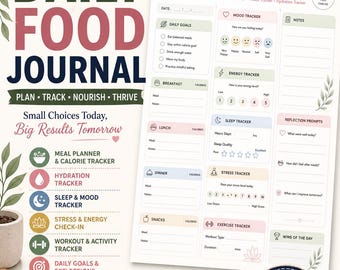Afdrukbaar dagelijks voedseldagboek | Maaltijdplanner en calorietracker | Wellnessdagboek | Mood Sleep Hydration Tracker | PDF-planner voor gezonde gewoontes